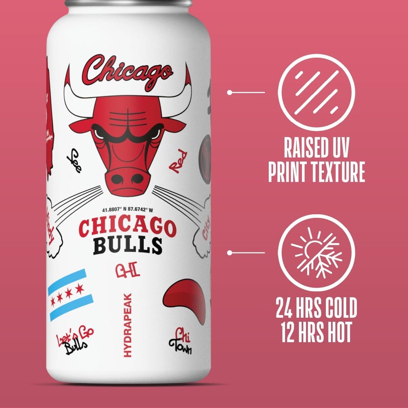 Hydrapeak x NBA Officially Licensed Chicago Bulls 32oz Active Water Bottle Chug Lid Stainless Steel Reusable Double Wall Celebrating The City Of Chicago - Image 2